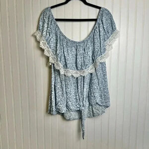 Miss Lili Blue Floral Off Shoulder Blouse Front Knot, Lace Detail D46